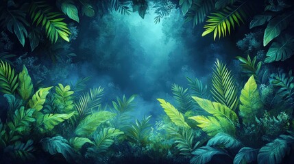 Fototapeta premium A vibrant digital illustration of lush green foliage in a misty forest setting.