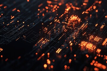 Fototapeta premium Complex patterns of glowing circuits and data flow in a digital landscape