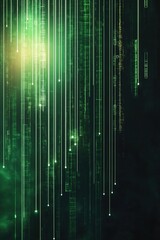 Matrix-style green digital rain cascading in a dark background with luminous effects