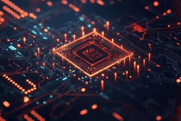 High-tech circuit board glowing with vibrant orange and blue lights at close range