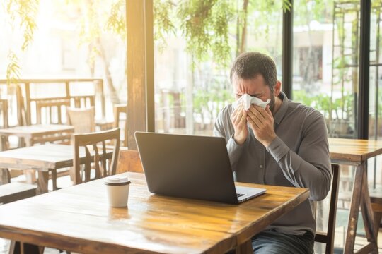 Man sneezing while working on laptop at modern coffee shop with bright natural light