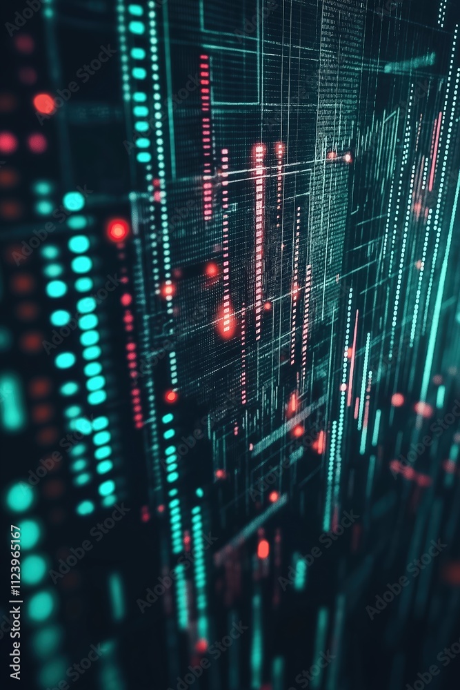 Poster digital data visualization with vibrant colors and patterns in a futuristic setting