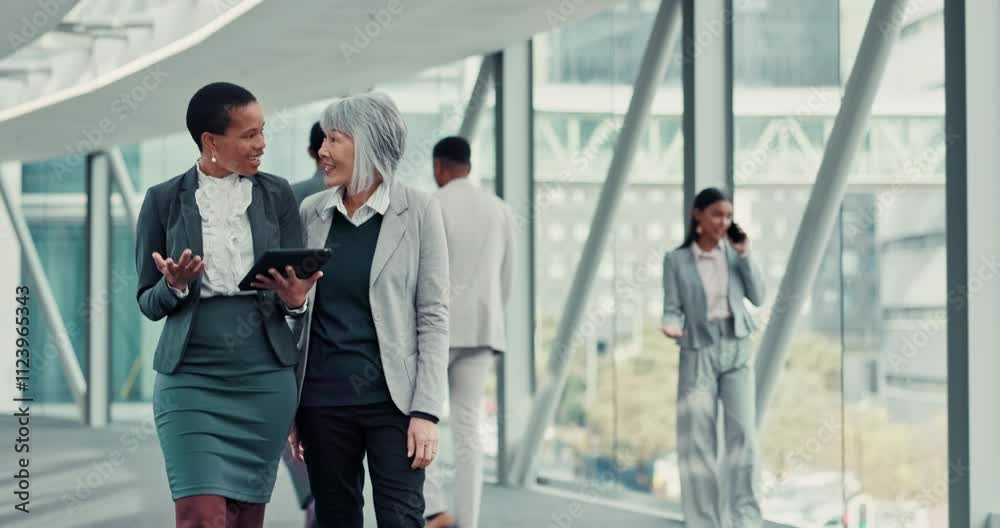 Aufkleber walking, conversation and business people in lobby, tablet and help with connection. employees, fina