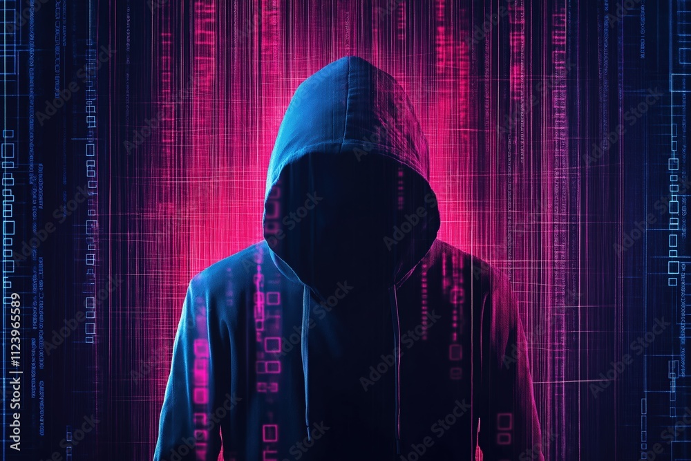 Poster mysterious figure in hoodie against a digital backdrop of binary code and neon colors