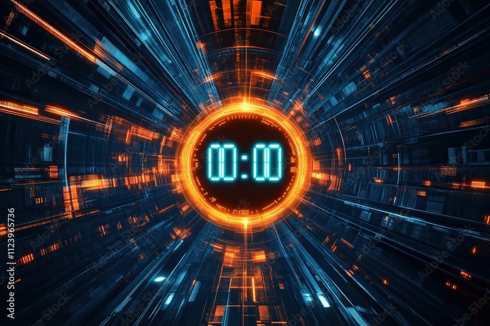 Poster digital countdown clock with glowing futuristic design in a high-speed environment