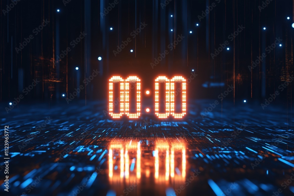 Poster digital countdown timer displaying zero hours and zero minutes against a futuristic background