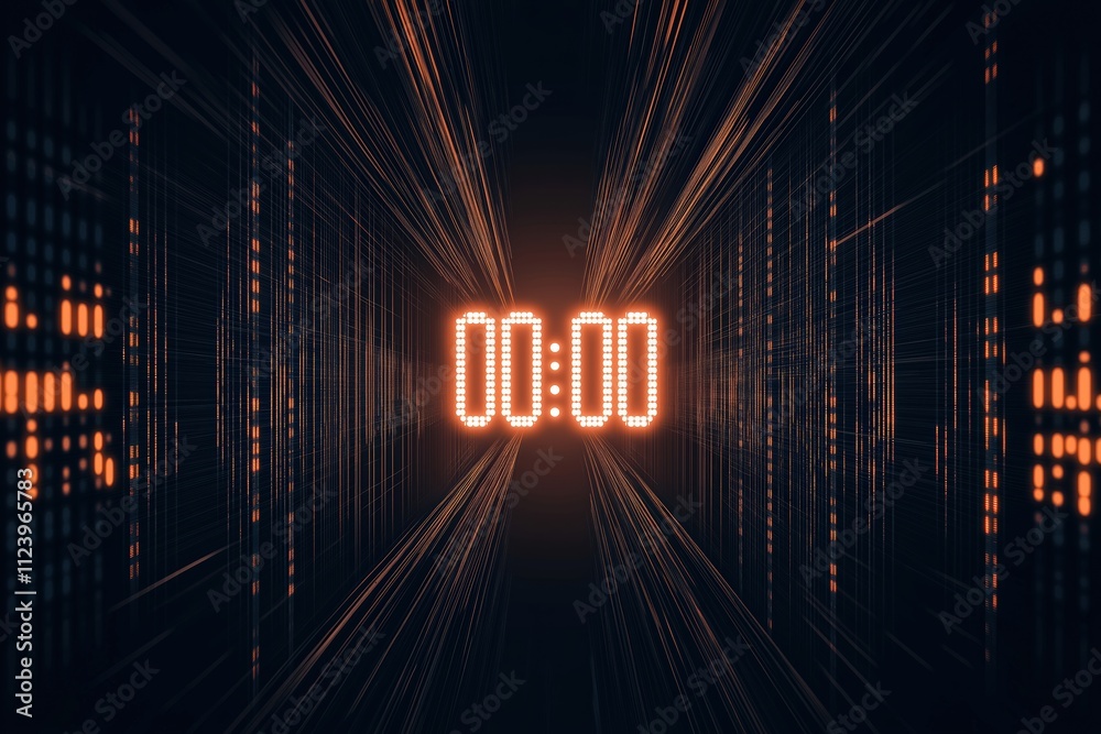 Poster digital countdown timer surrounded by glowing lines in a futuristic space