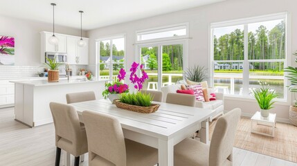Fototapeta premium Open concept kitchen and dining area features large windows, vibrant flowers, and natural light with a serene outdoor view of greenery