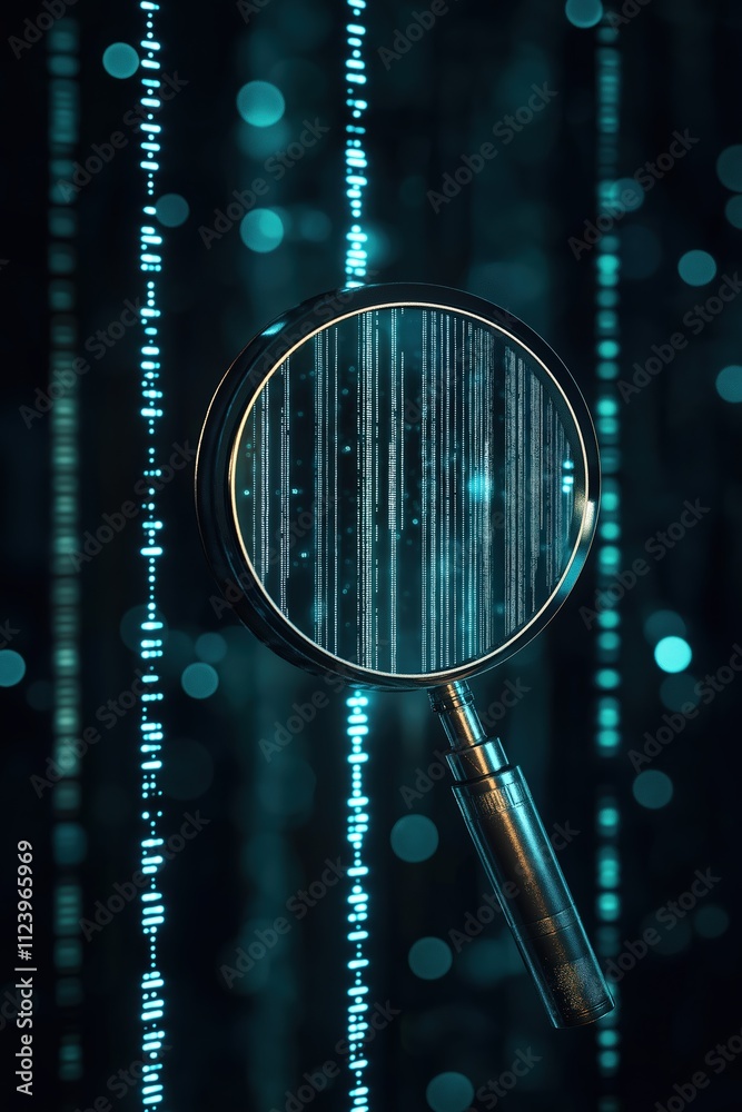 Poster exploration of digital data through a magnifying glass against a backdrop of binary code