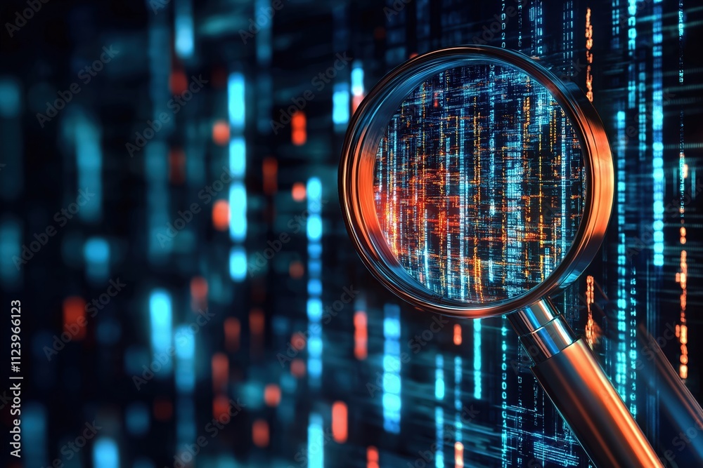 Poster visualizing data patterns through a magnifying glass in a digital environment with vibrant colors