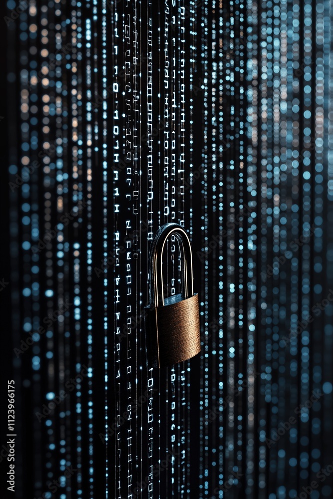 Poster digital lock securing binary code on a dark background in a modern cyber environment