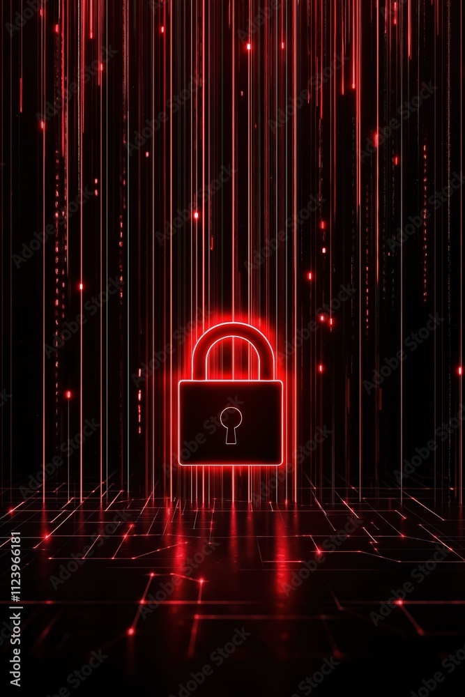 Poster digital security lock illuminated in red against a dark, matrix-like background