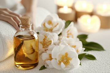 Massage therapist using aromatherapy oils wellness studio relaxation session calm environment close-up view holistic healing
