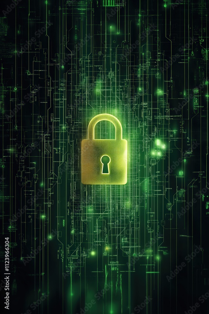 Poster digital lock symbolizing cybersecurity with green data streams in the background