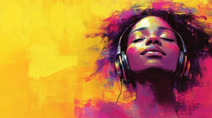 A vibrant portrait of a young Black woman, eyes closed, deeply enjoying music through headphones, set against a bold yellow and purple background.