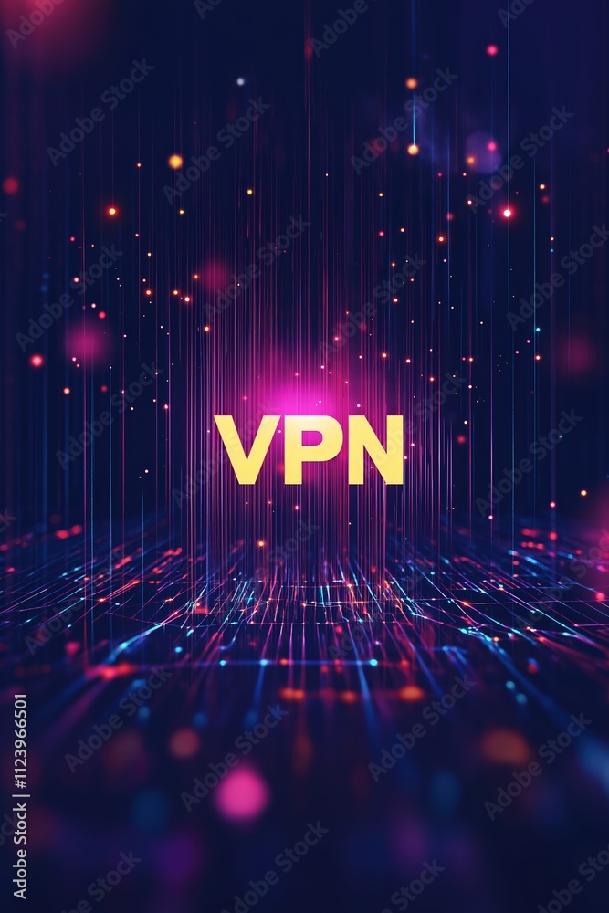 Poster visual representation of vpn technology with neon colors and abstract patterns in a digital space