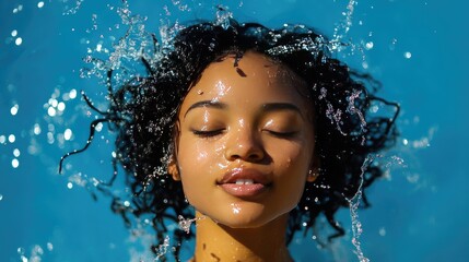 Woman with dark curly hair emerges from water