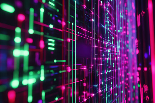 Abstract digital lines and shapes creating a vibrant, colorful circuit design