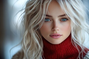 Naklejka premium Blonde Woman Wearing Red Turtleneck Sweater