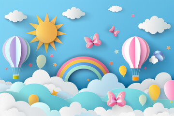 Beautiful fluffy clouds on blue sky background with summer sun