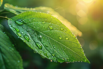 Beautiful large drop morning dew in nature, selective focus. Drops of clean transparent water on leaves. Sun glare in drop