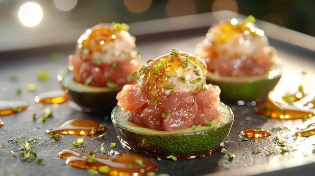 Gourmet stuffed mini avocados with tuna tartare elegant dining culinary delights soft lighting close-up exquisite presentation