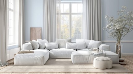 Fototapeta premium A spacious living area showcases a plush white sectional sofa arranged with numerous cushions, illuminated by natural light from large windows