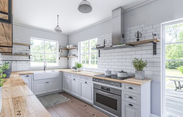 Spacious farmhouse kitchen with large windows, wood accents, and modern appliances, creating a warm, inviting cooking space