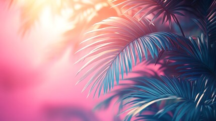 Fototapeta premium vibrant tropical leaves in blue and pink, dark clean background, modern flat lay concept.