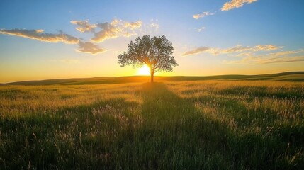 Fototapeta premium Solitary Tree Silhouette Sunset Prairie Landscape
