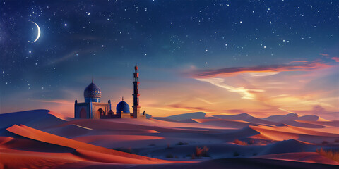 Obraz premium Mosque in beautiful landscape for Islamic greeting background, version 54