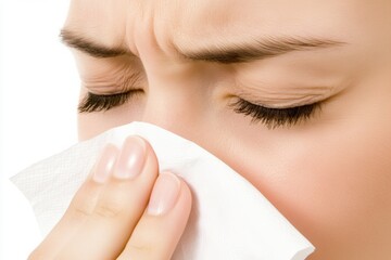 Young woman blowing her nose with a tissue against a neutral background in warm lighting, capturing natural expression and detail