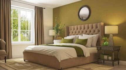 Fototapeta premium This stylish bedroom showcases an orange accent wall, complemented by low-profile furniture and warm-toned decor that energizes the space