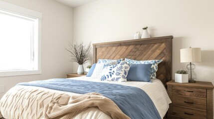 Obraz premium This bright bedroom features a reclaimed wood headboard, teal bedding, and subtle decorations, creating a fresh and inviting space