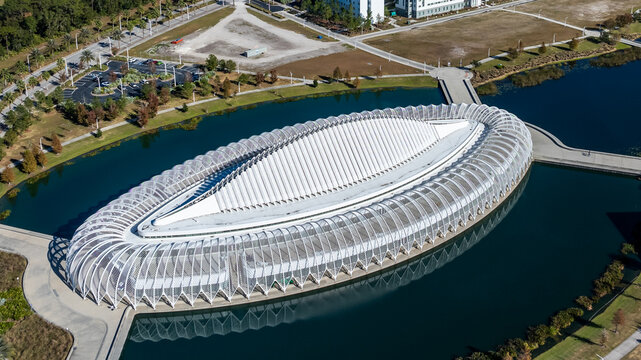 Polk City, FL, USA - December 7, 2024:  Afternoon aerial view of the Innovation, Science, and Technology building at Florida Polytechnic University, Polk City, Florida, USA.