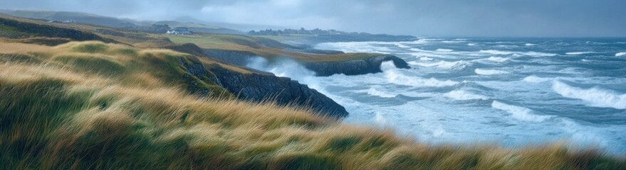 Coastal Landscape with Windswept Grass and Turbulent Ocean Waves