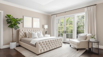 Fototapeta premium A stylish white bedroom showcases a tufted bed, neutral furnishings, and a potted plant, creating a calm and inviting retreat
