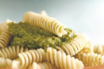 Naklejka premium Delicious organic pasta dish with basil pesto gourmet kitchen food close-up culinary art
