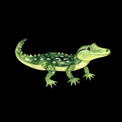 Obraz premium Watercolor Illustration of a Green Crocodile with White Spots
