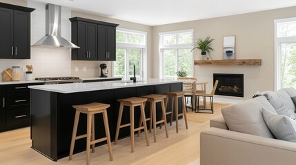 Stylish kitchen features sleek black cabinets, warm lighting, and a cozy fireplace lounge ideal for entertaining guests and family