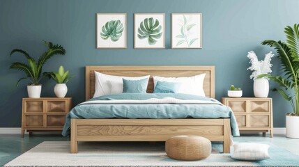 Fototapeta premium This fresh bedroom features navy blue walls, a cozy wooden bed, and tropical plants that enhance the vibrant ambiance and tranquility
