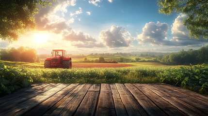Fototapeta premium Wooden deck overlooking green field with red tractor under a cloudy sky and sunlight. Scenic rural landscape at sunrise. Background for design and print