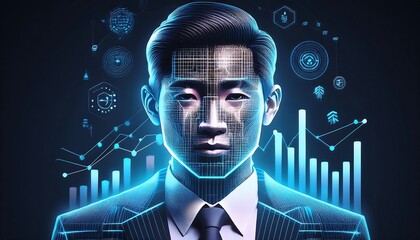 Digital rendering of a human head with blue circuitry and rising data points in the background.