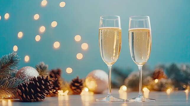 Elegant glasses of champagne with festive decorations and soft bokeh lights on a beautiful holiday table setting
