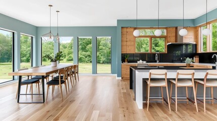 Fototapeta premium Spacious kitchen and dining area featuring large windows, wooden accents, and a light color palette creating a bright atmosphere