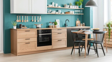 Bright kitchen with wooden cabinets, elegant decor, and a cozy dining area, showcasing a harmonious blend of style and functionality