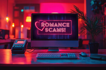 Bright neon sign on computer about romance scams in a modern office setting