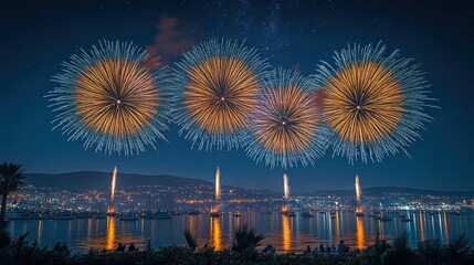 Fototapeta premium A vibrant firework display over a serene waterfront cityscape at night.