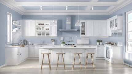 Fototapeta premium Spacious kitchen features white cabinetry, a large island with stools, and natural light from large windows in a stylish, modern layout