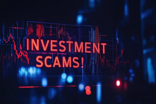 Investment scams warning displayed on a digital screen in a financial district at night